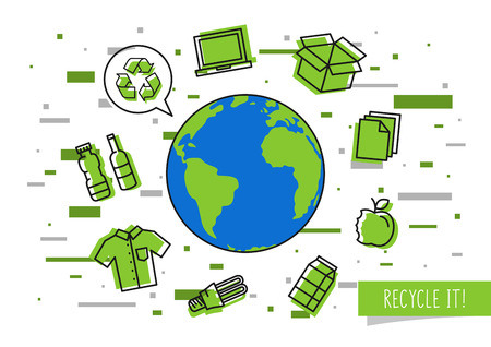 Planet earth with recyclable things vector illustration with colorful elements. Ecological concept with recycle sign.のイラスト素材