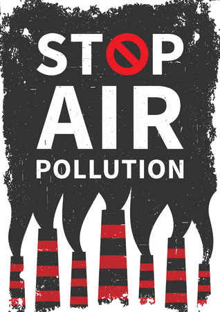 Stop air pollution vector illustration. Fumes from industrial pipes pollute environment graphic design. Ecological problems with toxic atmosphere creative concept.のイラスト素材
