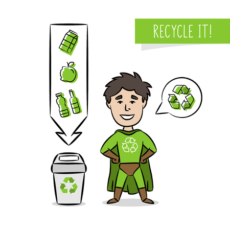 Superhero with recycle sign vector illustration. Recycling creative concept with cartoon character and dustbin. Ecological banner template.のイラスト素材