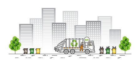 City garbage truck vector illustration. Refuse vehicle with dustman and garbage bags line art concept. Sanitation car, collector vehicle with recycle sign and dustbins graphic design.のイラスト素材