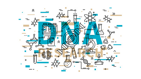 DNA research vector illustration with colorful elements. Genetic analysis line art concept. Biotechnology elements: microscope, gene, genome, dna chain, test-tube, cell graphic design.のイラスト素材