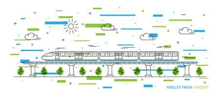 Maglev rail train vector illustration with colorful elements. Electric fast train line art concept. Monorail subway with magnet levitation technology graphic design.のイラスト素材