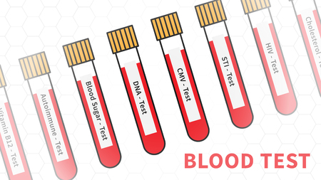 Blood test samples vector illustration. Test-tubes with blood for different tests DNA, sugar, cholesterol, B12 line art concept. Medical blood analysis graphic design.のイラスト素材