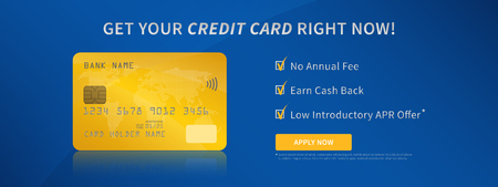 Credit card advertising vector illustration. Contactless bank credit, debit card promotion creative concept. Plastic bank card with bonuses money cashback, no annual fee graphic design.のイラスト素材