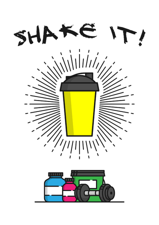 Shaker with sports supplements vector illustration. Protein, shaker, gainer, dumbbell line art creative concept.のイラスト素材