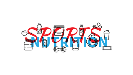 Sports Nutrition vector illustration. Protein, gainer, shaker, dumbbell, fat burner, vitamins, energetic drink, protein bar line art signs. Bodybuilding Sport Supplements graphic design.のイラスト素材