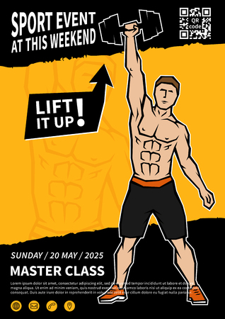 Athlete lifts dumbbell vector poster template. Sportsman does exercises with dumbbell creative flyer concept.のイラスト素材