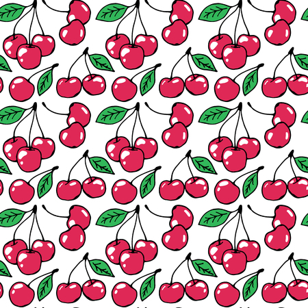 Cherry hand drawn pattern vector illustration. Cherry berries with green leaves hand drawn sketch...
