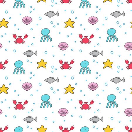 Hand drawn sea creatures vector seamless pattern. Octopus, starfish, shell, fish doodle pattern.のイラスト素材