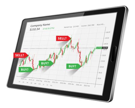 Tablet with stock market candlestick graph vector illustration. Electronic device with financial trade chart and signals vector illustration. Forex trading graphic design concept.のイラスト素材