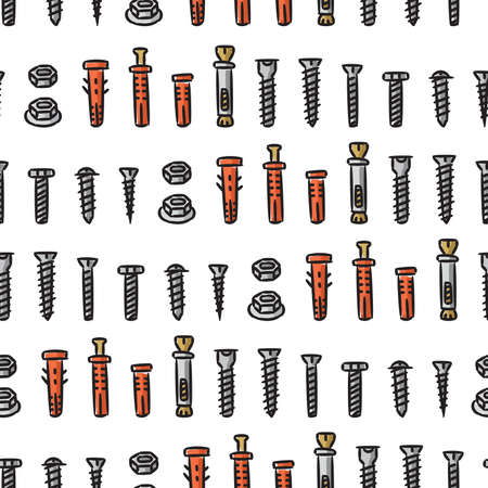 Fasteners vector seamless pattern on white background. Bolt, screw, nut, anchor, dowel, nail hand drawn doodle style.のイラスト素材