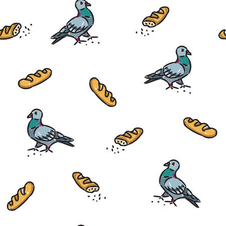 Pigeons and long loaves vector seamless pattern on white background. Doodle style pattern for print, fabric, texture, wallpaper, wrapping, textile, etc.のイラスト素材