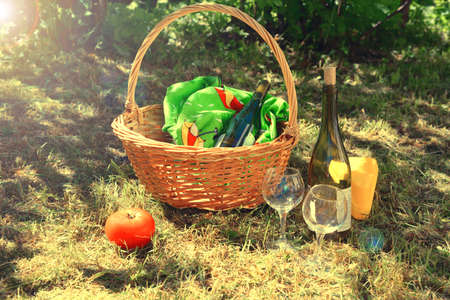 Basket for a picnic on the sunny grass, wine and glassesの写真素材