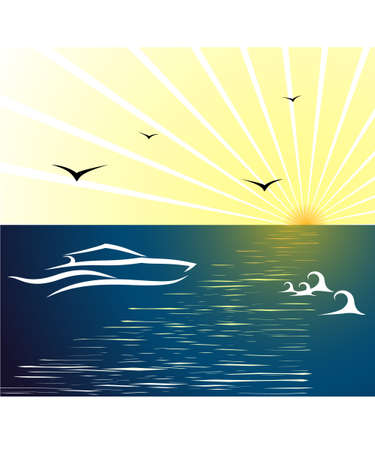 yacht sailing on the sea, ocean at sunsetのイラスト素材