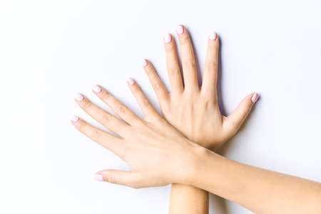 Beautiful female hands. With gently pink manicure. Isolated on a white backgroundの写真素材