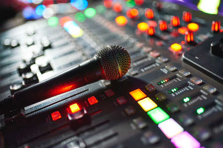 DJ work at a nightclub, Music club party, Concert equipment, a mixer and DJ console. The concept of disco, entertainment, holiday. Soft focus pictureの写真素材