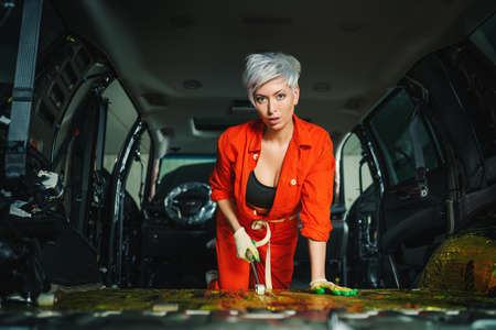 Work in a car service. Car soundproofing processの写真素材