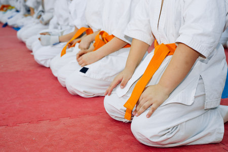 Kids training on karate-do. Banner with space for text. For web pages or advertising printing.の写真素材