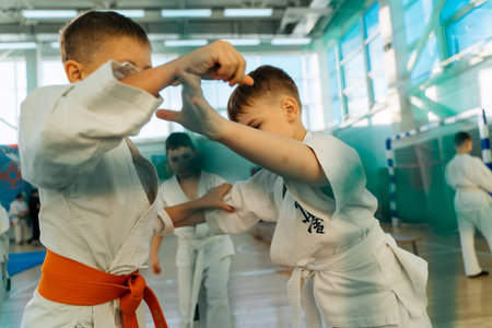 05.12.2020 Russia Novomoskovsk FOK Shachter Kids training on karate-do. Banner with space for text. For web pages or advertising printing.のeditorial素材