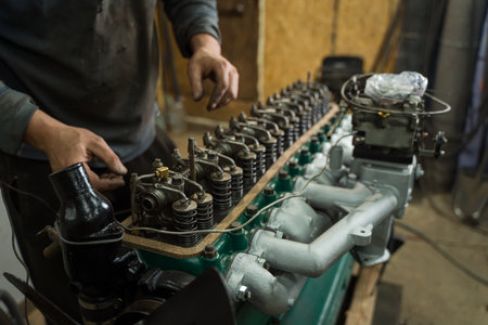 Car mechanic repairing an engine. Mechanic working on car engine. Mechanic workshop.の写真素材