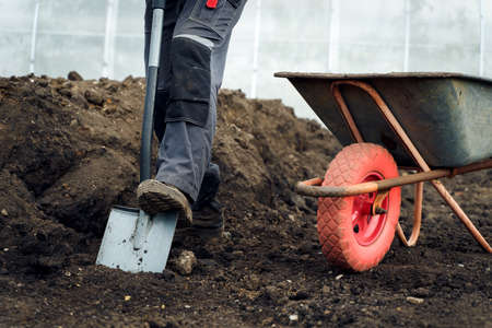 Working with garden tools, shovel and wheelbarrow on the site of a country house. Preparation for...