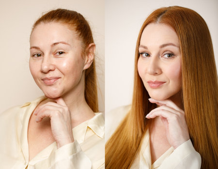 Woman before and after makeup. . The concept of transformation, beauty after applying makeup with a makeup artist. Result without retouchingの写真素材