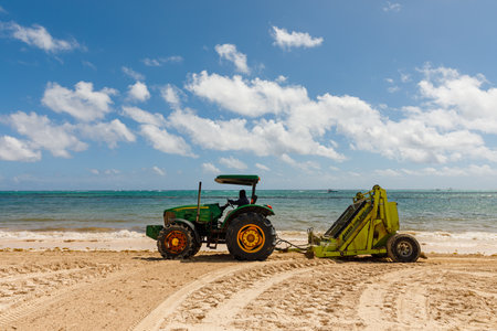 07.24.2022. Dominican Republic Bavaro Punta cana provinces La Altagracia. Seaweed on the beach. Algae sargassum. Caribbean ecological problem.のeditorial素材