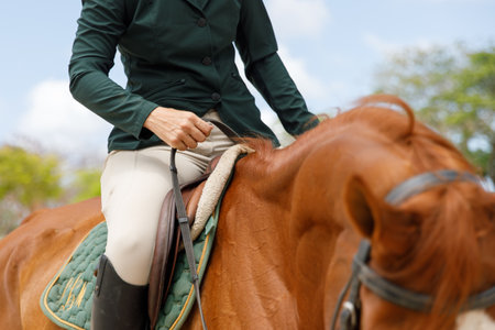 The girl the equestrian skips on a horseの写真素材