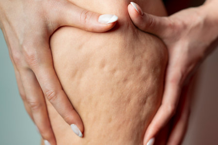 Woman holding leg.Skin of the legs cellulite. Fat, orange peel. The concept of weight loss and excess weight.の写真素材