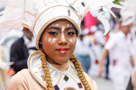 02.04.2023 Dominican Republic Punta Cana Annual Carnival. A girl in a carnival costume.のeditorial素材