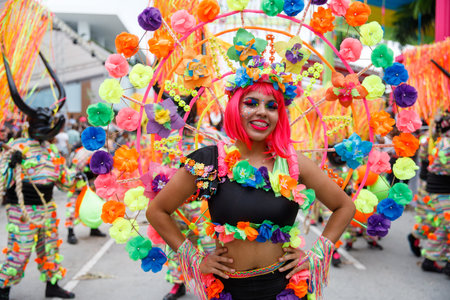 02.04.2023 Dominican Republic Punta Cana Annual Carnival. A girl in a carnival costume.のeditorial素材