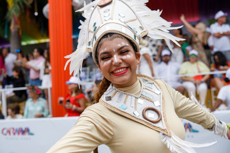02.04.2023 Dominican Republic Punta Cana Annual Carnival. A girl in a carnival costume.のeditorial素材