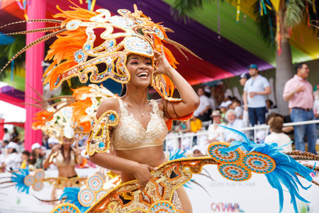 02.04.2023 Dominican Republic Punta Cana Annual Carnival. Portrait of a lovely Dominican woman in al festival costumeのeditorial素材
