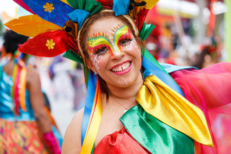 02.04.2023 Dominican Republic Punta Cana Annual Carnival. A girl in a carnaval costume.