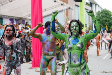 02.04.2023 Dominican Republic Punta Cana Annual Carnival. A woman in a carnival costumeのeditorial素材