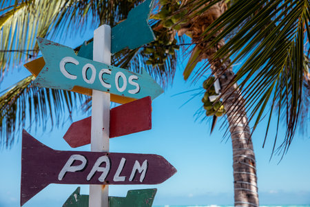 Dominican Republic Bavaro Punta cana provinces La Altagracia. Wooden pillar with signposts directionsの写真素材