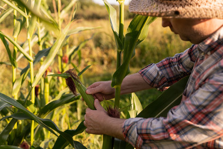Aged farmer examine corn seed in corn fields