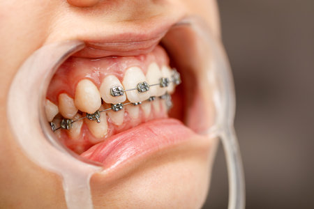 Close-up of dental braces on teeth with mouth opener