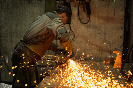 Industrial Metalworker Using Angle Grinder in Workshop with Flying Sparksの写真素材
