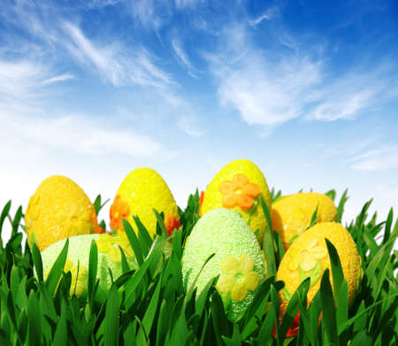 Easter eggs on grass with blue sky and cloud background の写真素材