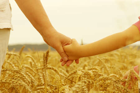 Hands of mother and daughter holding each other on wheat fieldの写真素材
