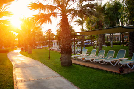 Beautiful sunset at a beach resort in hotelの写真素材