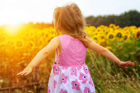 Girl enjoying nature in meadow. Outstretched arms fresh morning air summer field at sunriseの写真素材