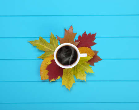 Autumn leaves, hot steaming cup of coffee  on wooden blue background.の写真素材