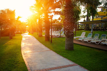 Beautiful sunset at a beach resort in hotelの写真素材