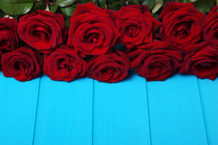 Red roses flowers on blue painted wooden planks. の写真素材