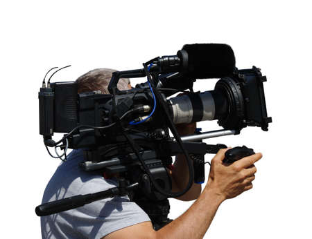 Cameraman using black professional digital video camera on white background.
