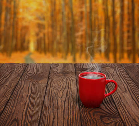 Autumn leaves and hot steaming cup of coffee. Wooden table on sun light background. Fall time concept.の写真素材