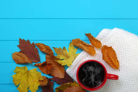 Autumn leaves, hot steaming cup of coffee  on wooden blue background.