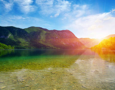 Mountain lake with clear waterの写真素材